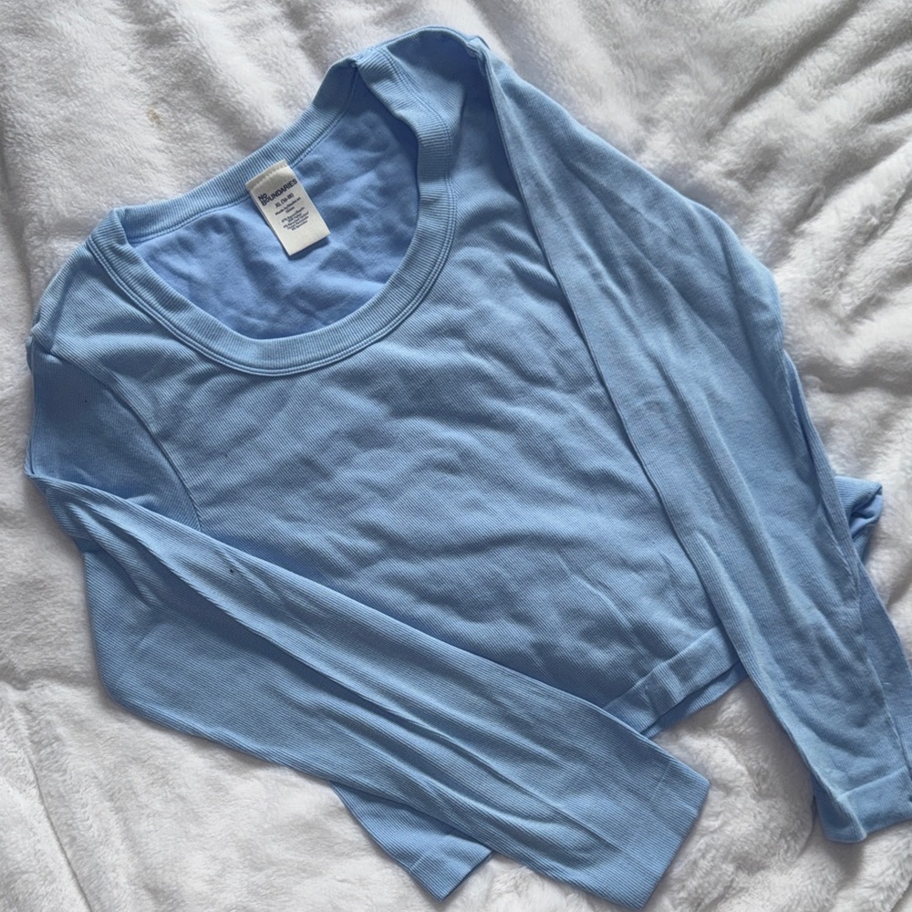 Blue Ribbed Long Sleeve Top XL Fitted Stretch Basic Layering Tee - Picture 2 of 9